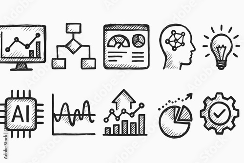 Data analysis, business sketch icon set. Analytics, data visualization icons outline collection.