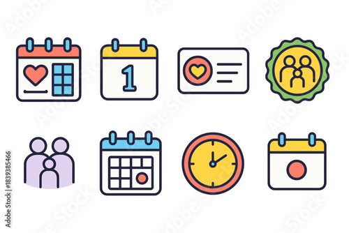 Event planning flat icon set. Calendar, clock, group, and task icons flat collection