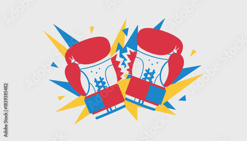 A vibrant pair of boxing gloves partially od to reveal padded interiors set against an energetic backdrop.