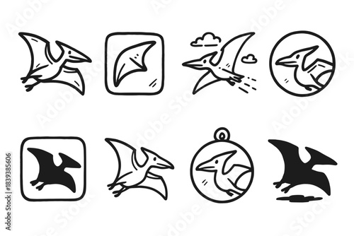 Dinosaur pterodactyls outline icon set: prehistoric flying icons collection