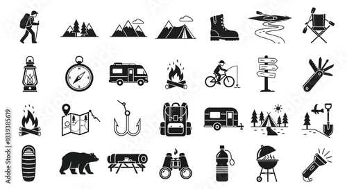 Collection of camping and outdoor activity icons, including hiking, mountain, tent, boot, kayak, campfire isolated on