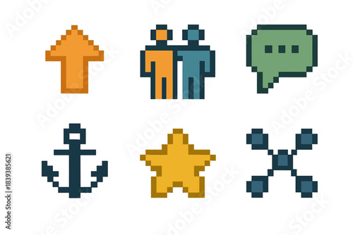Encouragement Icons Set. Workplace Encouragement Symbols set of icons in flat pixel vector style: uplifting arrow, cooperative duo, positive chat bubble, steady anchor, morale star