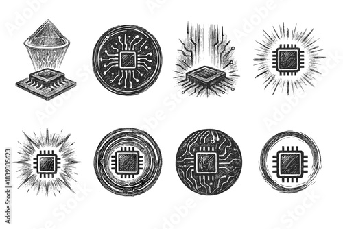 Technology, circuit board sketch icon set. Hand-drawn electronics icons collection