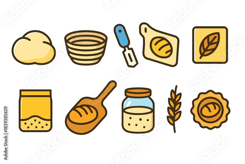 Bakery and bread flat icon set. Artisan, baking, dough, pastry icons collection