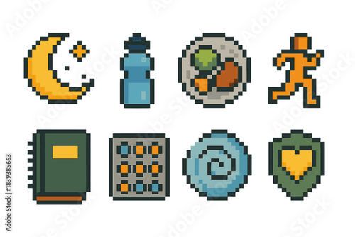 Pixel Art Wellness Icons. Personal Well-Being Pack pixel style set: sleep moon, hydration bottle, meal plate, movement icon, reflection notebook, mood tracker, calm breath swirl,