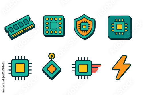 Computer hardware flat icon set. Circuit, chip, ram, processor flat graphics collection