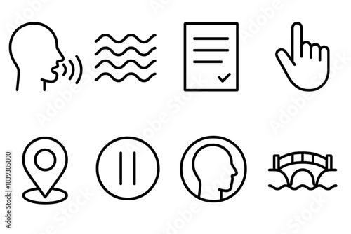 Clear Expression Icons. Clear Expression Toolkit linear set: voice icon, articulation waves, organized notes, gesture hand, intent marker, mindful pause symbol, listening focus