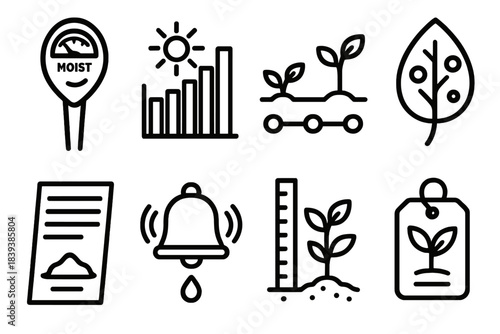 Garden Growth Tools Icons. Garden Growth Tracking Tools linear set: moisture meter, sunlight chart, growth timeline, leaf spot guide, soil check slip, watering alert, height marker