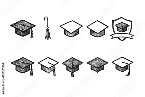 Education graduation hat outline icon set. Academic cap, achievement symbols collection