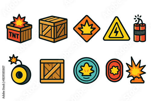 Explosion warning flat icon set. Safety, hazard, caution symbols flat collection