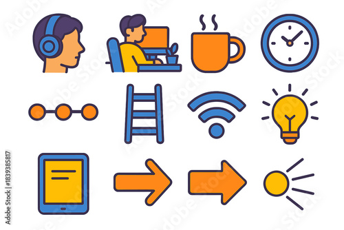 Productive Home Workspace. Focused Work-from-Home flat set: noise-canceling headphones, tidy desk, notebook, morning mug, desktop clock, task line, progress ladder, stable WiFi