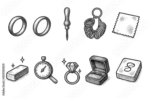Jewelry tools sketch icon set. Hand-drawn outline collection of jewelry making essentials.