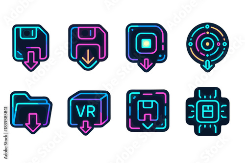 Neon technology icon set. Download, data, virtual reality outline icons collection.