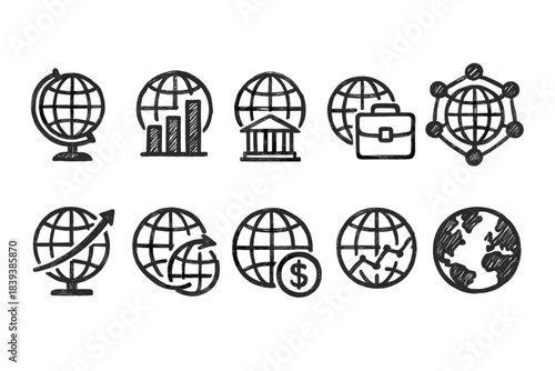 Business and global outline icon set for finance, growth, and technology concepts