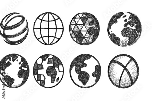 Globe sketch icon set. Hand-drawn, outline style for maps and education themes