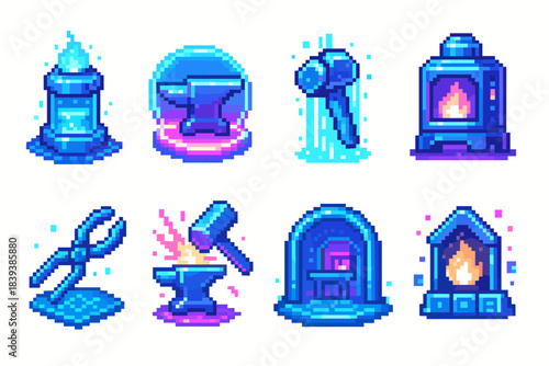 Fantasy, medieval 3d icon set. Magic tools and forge objects for games.