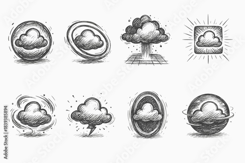 Weather, climate sketched icon set. Hand-drawn, sketch style weather symbols collection.