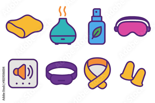 Sleep Aid Collection. Restful sleep tools flat set: contour pillow, aroma diffuser, calming spray, light-dimming shade, sound machine tile, sleep strap, comfort wrap, noise buffer