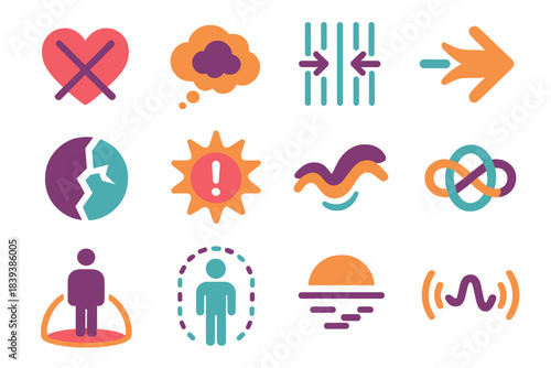 Emotional Intrusion Icons. Emotional Intrusion Icons flat set: crossed boundary heart, unwelcome thoughts bubble, pressured space line, discomfort arrow, personal space crack,