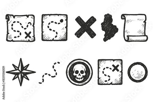 Treasure hunt flat icon set. Adventure, map, navigation icons collection
