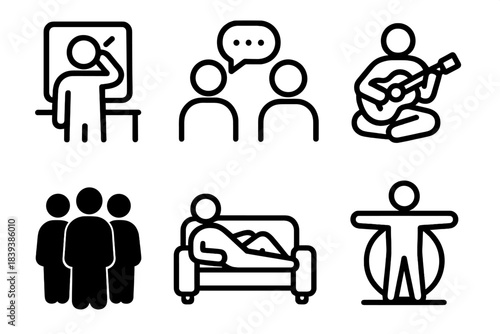 Daily Lifestyle Icons. People & Lifestyle Moments linear set: daily routine icon, shared conversation bubble, personal hobby item, social gathering silhouette, relaxed activity