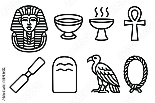 Ancient Egypt Icons. Ancient Egypt artifacts linear set: ceremonial mask, offering bowl, incense burner, amulet, chisel tool, stone slab, vulture motif, braided rope.