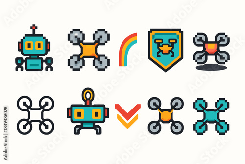 Drone and robot filled icon set. Technology, ai, robotics icons filled collection