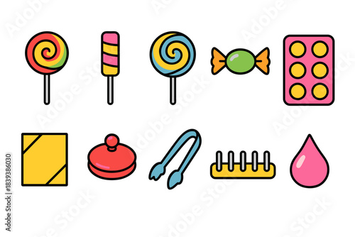Candy and kitchen flat icon set. Sweet treats and cooking tools collection.