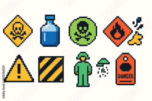 Hazard warning icon set with pixel-style symbols of danger and caution
