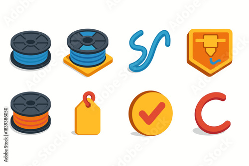 3D printer filament icon set. Spools, tools, tags, and symbols in 3d style