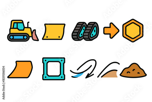 Heavy machinery, construction flat icon set: bulldozer, excavator, loaders