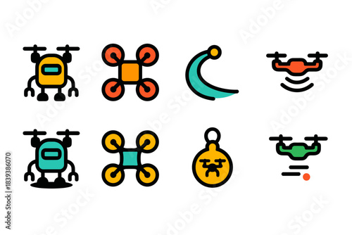Drone and aviation flat icon set. Quadcopter, flight technology icons collection