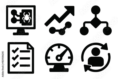 Brutalist Strategy Icons. Strategic Mitigation Planning silhouette set: threat classifier, action pathway, decision node, mitigation protocol sheet, readiness gauge, adaptive