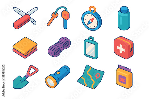 Essential Survival Icons. Essential Survival Tools isometric flat set: multi-tool knife, fire starter, compass, water filter, emergency blanket, rope coil, signal mirror, first aid