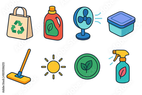 Eco-Friendly Living Icons. Earth-Conscious Living Kit isometric flat set: biodegradable bag, plant-based detergent, clean airflow fan, reusable container, eco mop, sunlight icon,