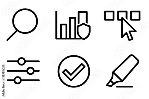 Data Decision Icons. Data-Informed Choices Actions linear set: analyze icon, review chart, select option arrow, adjust slider, confirm check, highlight marker.