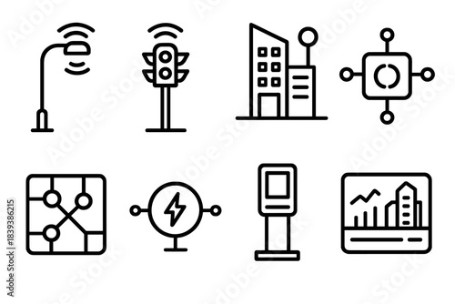 Smart City Icons. Smart City Systems linear set: connected streetlight, traffic flow sensor, smart building node, urban data hub, mobility network map, energy grid icon, public