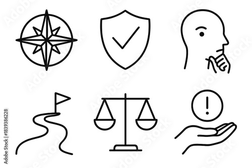 Symbols of Moral Decision. Moral decision-making set linear set: compass star, checkmark shield, thoughtful head, clear path, fairness bar, responsibility token.