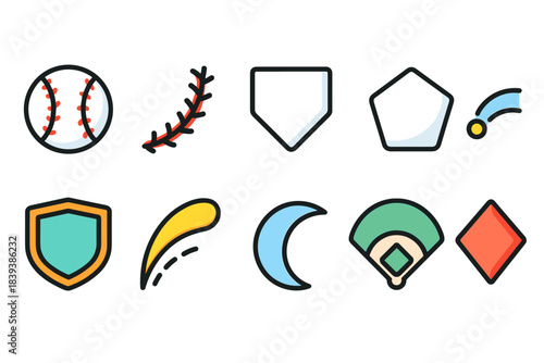 Baseball flat icon set. Sports, game, equipment icons for web and apps