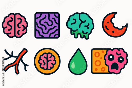 Brain and science flat icon set: neuroscience, biology, anatomy, flat style icons
