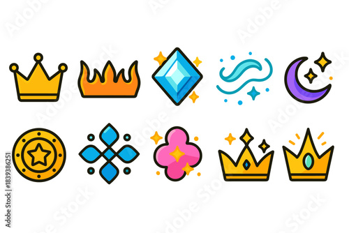 Princess, fantasy flat icon set. Crowns, gems, stars, magic, fairytale icons collection.