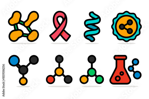 Science and chemistry icon set. Molecular and dna structure icons, flat style collection