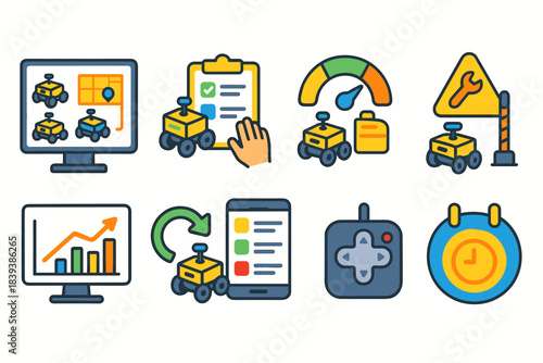 Robotics, engineering flat icon set. Automated systems, technology tool icons collection