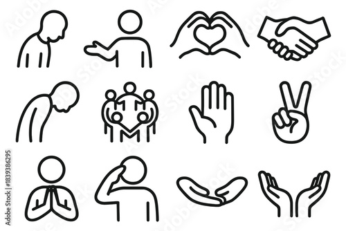 Global Gesture Icons. Global Gesture Elements linear set: greeting nod, open-palm welcome, heart-hand gesture, mutual hand clasp, respectful incline, unity circle, blessing hand,
