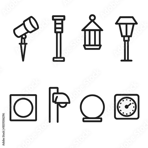 Garden Lighting Icons. Garden lighting essentials linear set: stake spotlight, bollard light, hanging lantern, solar path lamp, deck light tile, fence-mounted lamp, glow orb, timer
