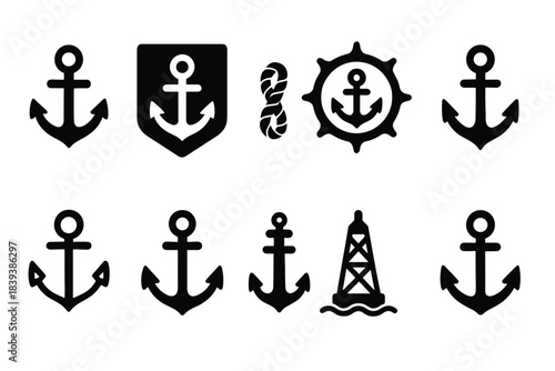 Nautical silhouette icon set. Marine, anchor, sailing, boat icons silhouette collection