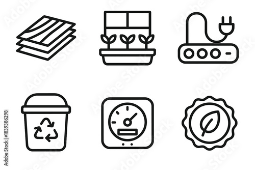 Eco-Friendly Home Icons. Sustainable Home Add-Ons linear set: eco flooring, window garden tray, power strip saver, compost caddy, smart meter, sustainable seal.