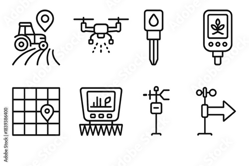 Precision Farming Icons. Precision Agriculture Tech linear set: GPS tractor path, drone sprayer, soil moisture sensor, nutrient meter, mapping grid, yield monitor, weather station,