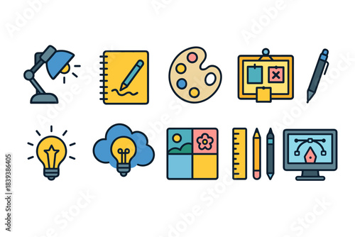 Office and art supply flat icon set. Notebooks, lamps, and pencils in flat style