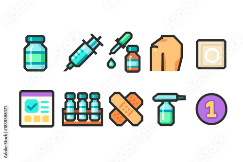 Vaccination, healthcare flat icon set: medicine, syringe, vaccine collection